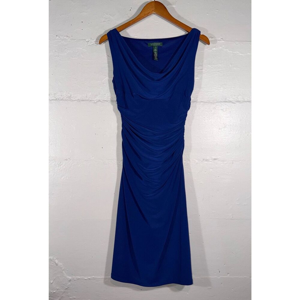 Lauren Ralph Lauren Blue Ruched Cowl Neck Stretch Sheath Dress Size 2 - Picture 2 of 11